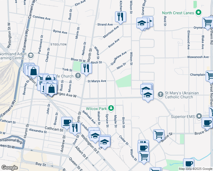 map of restaurants, bars, coffee shops, grocery stores, and more near 222 Spruce Street in Sault Ste. Marie