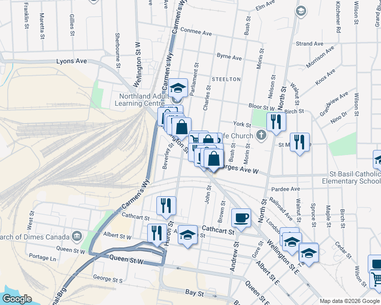 map of restaurants, bars, coffee shops, grocery stores, and more near 262 Wellington Street West in Sault Ste. Marie