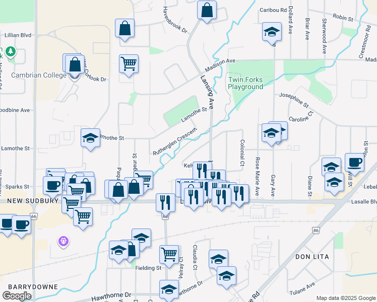 map of restaurants, bars, coffee shops, grocery stores, and more near 1812 Melbourne Street in Sudbury