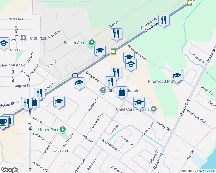 map of restaurants, bars, coffee shops, grocery stores, and more near 344 Dacey Road in Sault Ste. Marie