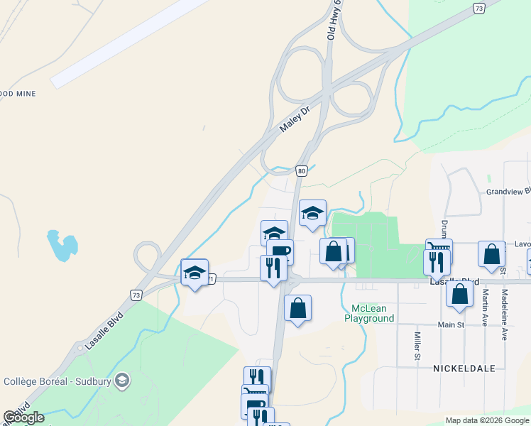 map of restaurants, bars, coffee shops, grocery stores, and more near 100 Kent Street in Greater Sudbury