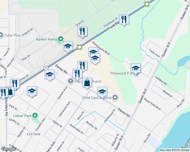 map of restaurants, bars, coffee shops, grocery stores, and more near 26 Terry Fox Place in Sault Ste. Marie