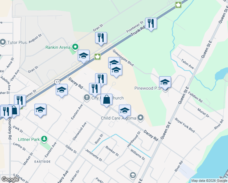 map of restaurants, bars, coffee shops, grocery stores, and more near 26 Terry Fox Place in Sault Ste. Marie