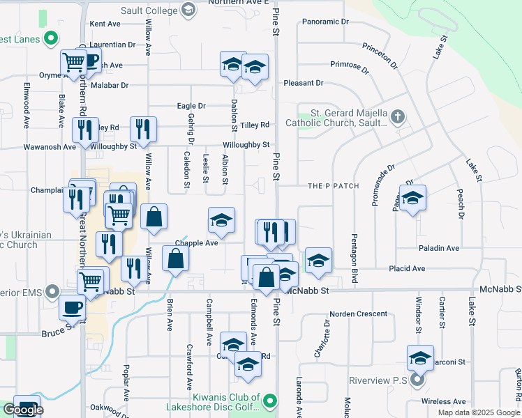 map of restaurants, bars, coffee shops, grocery stores, and more near 108 Allard Street in Sault Ste. Marie