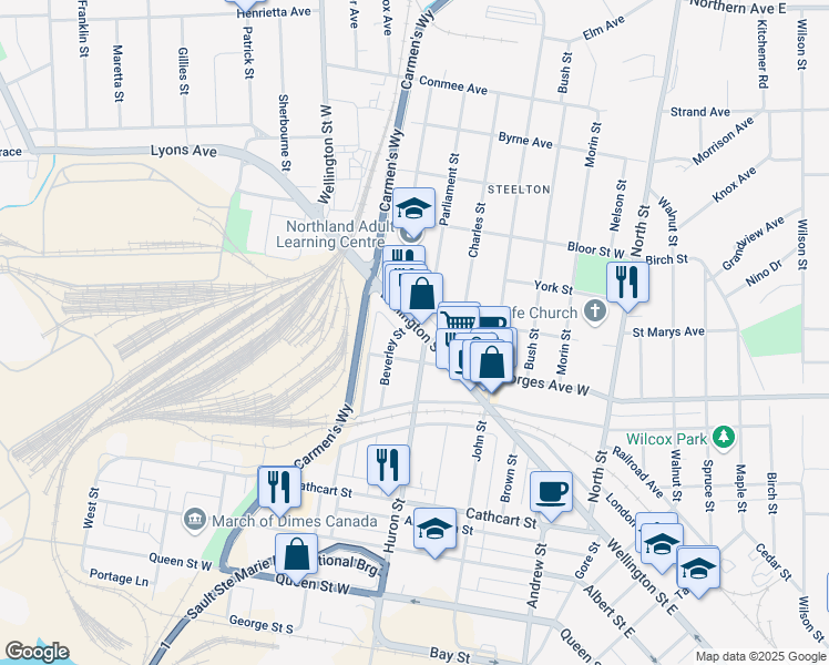 map of restaurants, bars, coffee shops, grocery stores, and more near 301 Wellington Street West in Sault Ste. Marie