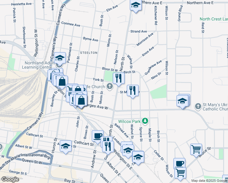 map of restaurants, bars, coffee shops, grocery stores, and more near 403 North Street in Sault Ste. Marie