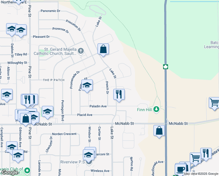map of restaurants, bars, coffee shops, grocery stores, and more near 52 Peach Drive in Sault Ste. Marie