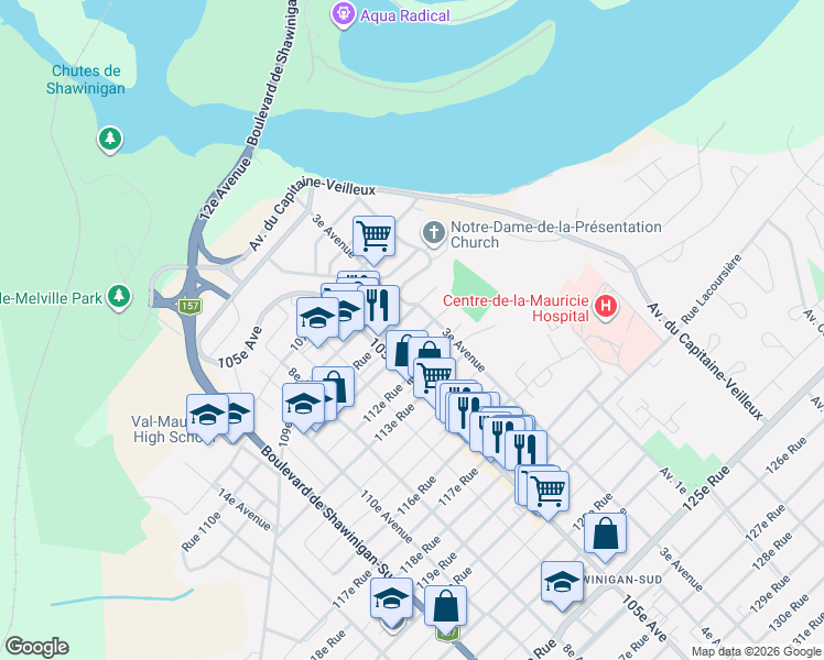 map of restaurants, bars, coffee shops, grocery stores, and more near 370 111e Rue in Shawinigan