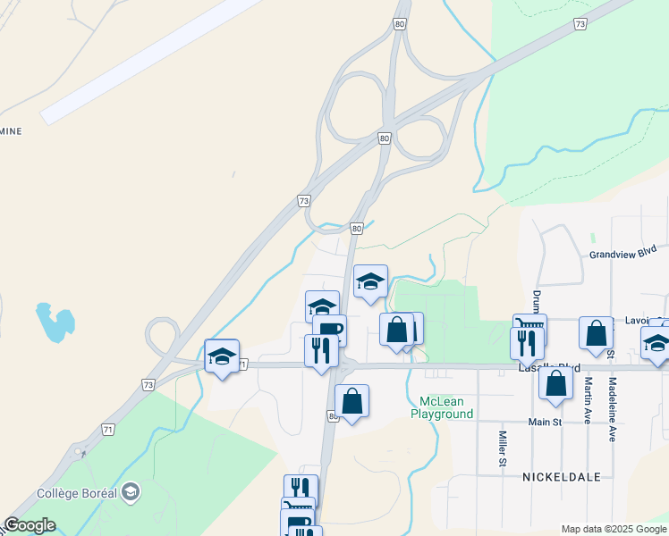 map of restaurants, bars, coffee shops, grocery stores, and more near 182 Mitchell Street in Sudbury