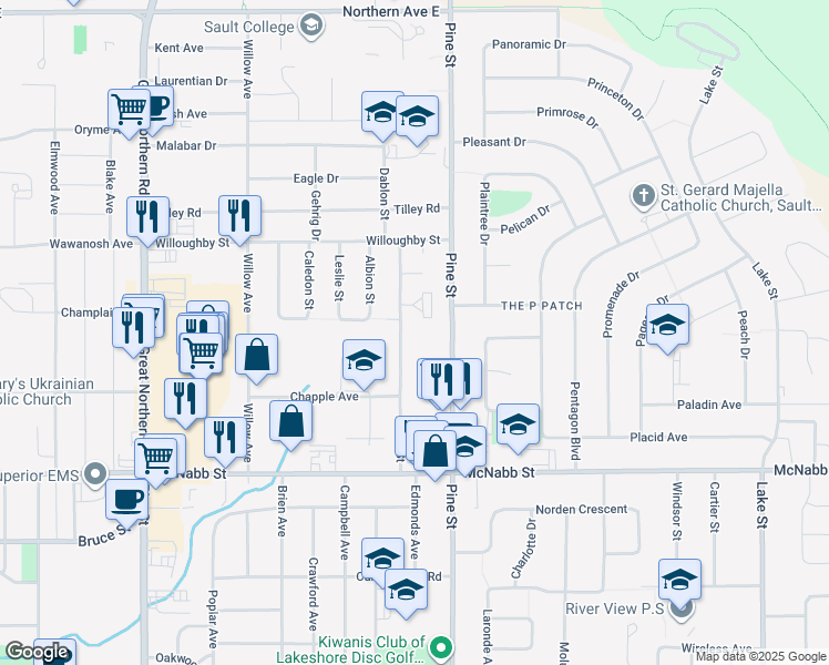 map of restaurants, bars, coffee shops, grocery stores, and more near 108 Allard Street in Sault Ste. Marie