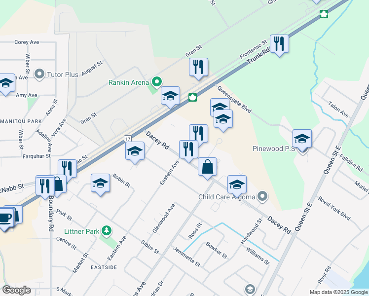 map of restaurants, bars, coffee shops, grocery stores, and more near 344 Dacey Road in Sault Ste. Marie