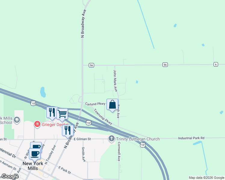 map of restaurants, bars, coffee shops, grocery stores, and more near 402 Meadowlark Lane in New York Mills