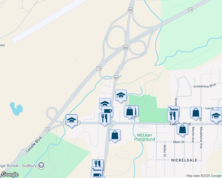 map of restaurants, bars, coffee shops, grocery stores, and more near 197 Turner Avenue in Greater Sudbury