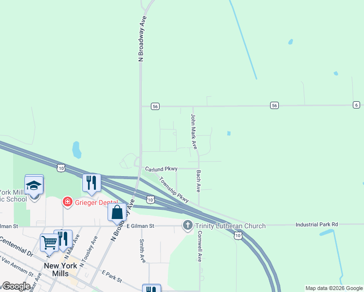 map of restaurants, bars, coffee shops, grocery stores, and more near 402 Meadowlark Lane in New York Mills