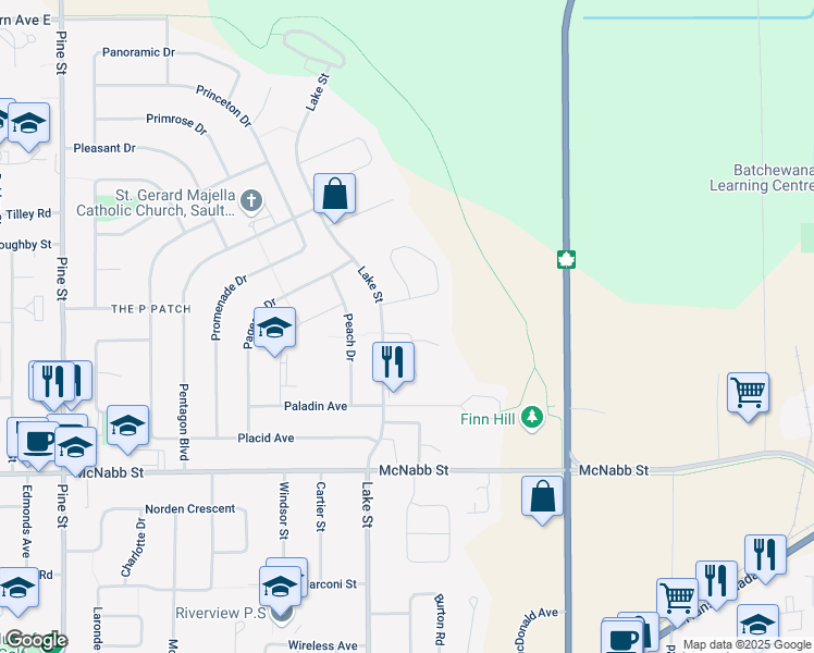 map of restaurants, bars, coffee shops, grocery stores, and more near 16 Park Place Court in Sault Ste. Marie