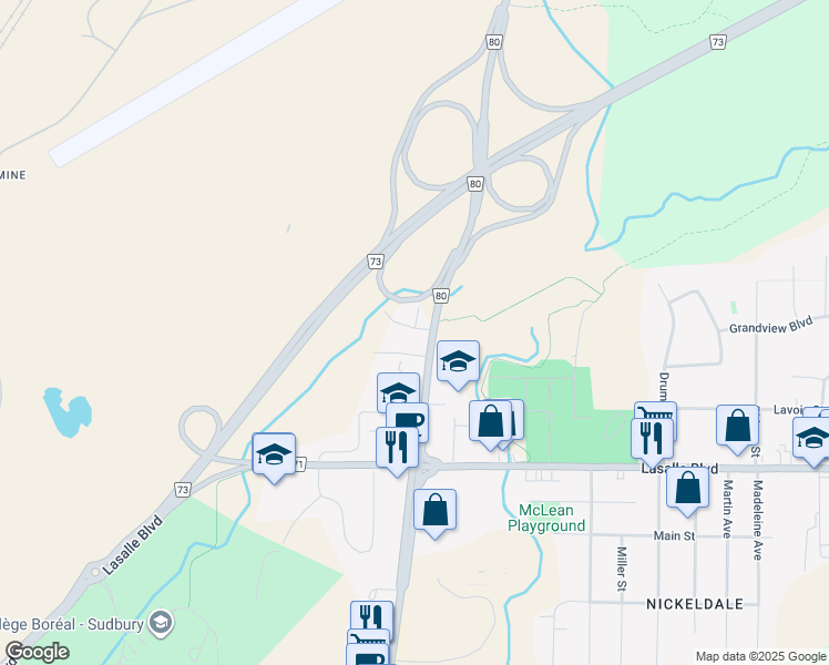 map of restaurants, bars, coffee shops, grocery stores, and more near 197 Turner Avenue in Greater Sudbury