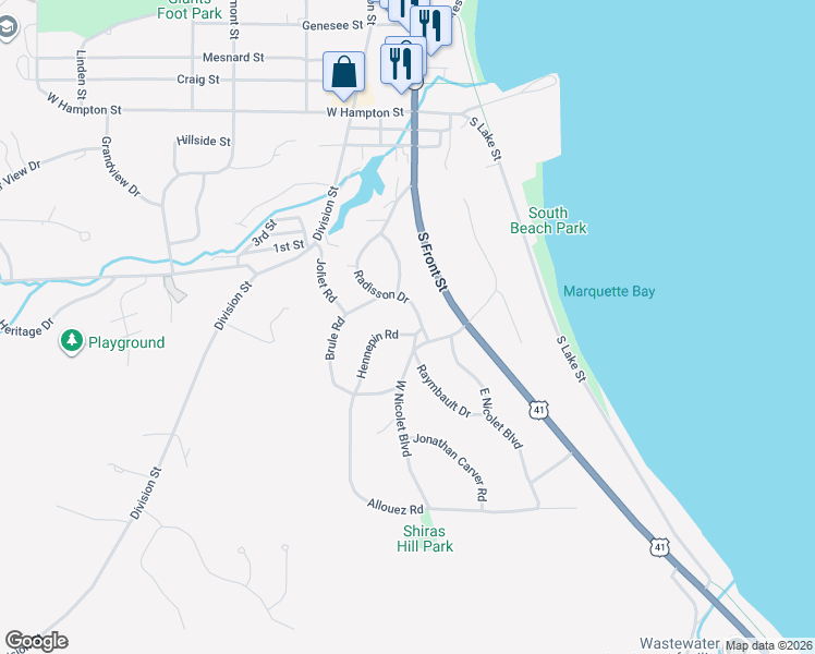 map of restaurants, bars, coffee shops, grocery stores, and more near 700 Hennepin Road in Marquette