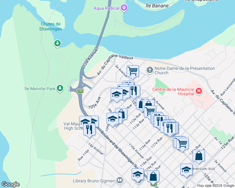 map of restaurants, bars, coffee shops, grocery stores, and more near 547 107e Rue in Shawinigan
