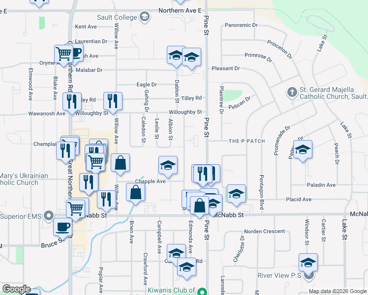 map of restaurants, bars, coffee shops, grocery stores, and more near Allard Street in Sault Ste. Marie