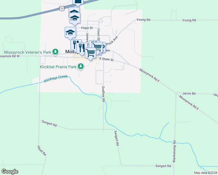 map of restaurants, bars, coffee shops, grocery stores, and more near 120 Godfrey Road in Mossyrock