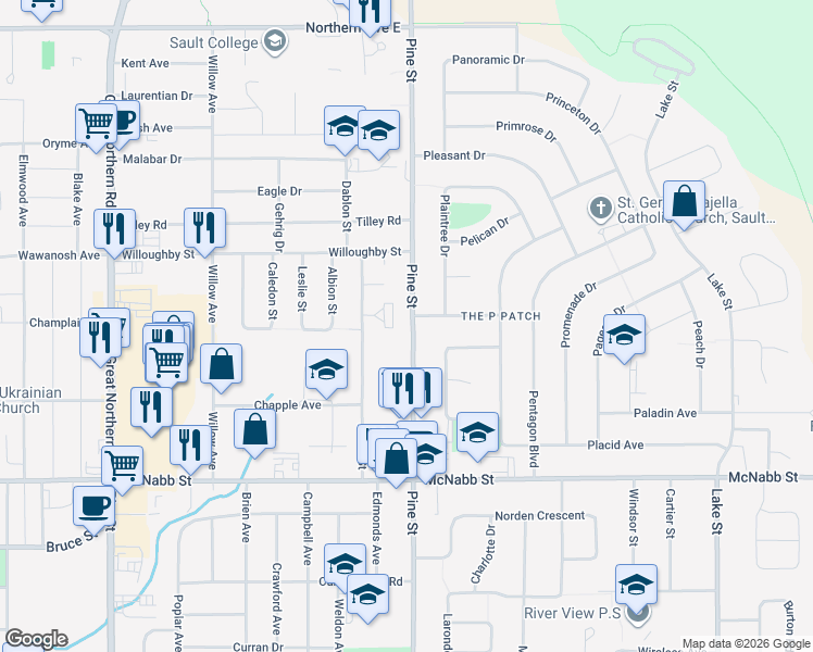 map of restaurants, bars, coffee shops, grocery stores, and more near 781 Pine Street in Sault Ste. Marie