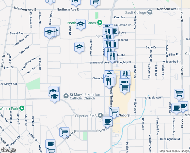 map of restaurants, bars, coffee shops, grocery stores, and more near 30 Champlain Street in Sault Ste. Marie