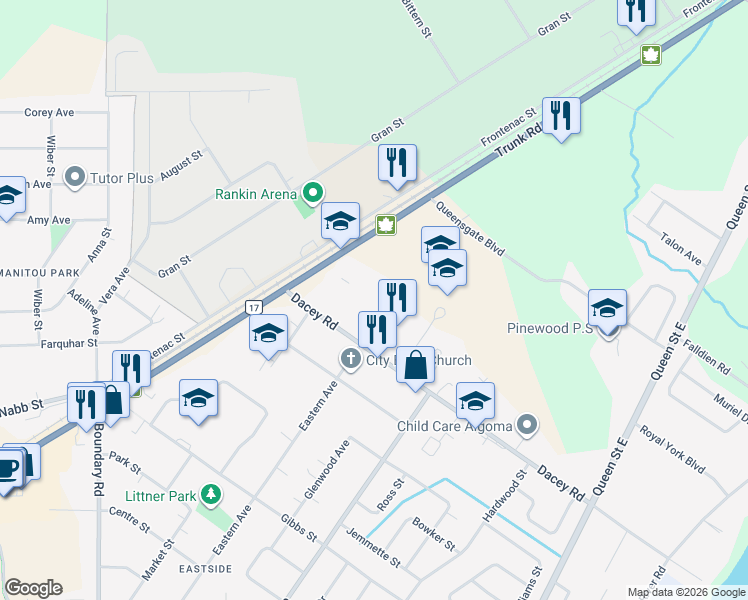 map of restaurants, bars, coffee shops, grocery stores, and more near 352 Dacey Road in Sault Ste. Marie