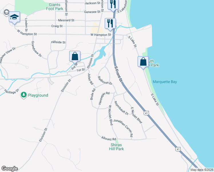 map of restaurants, bars, coffee shops, grocery stores, and more near 501-511 Schoolcraft Road in Marquette