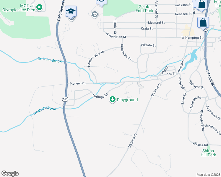 map of restaurants, bars, coffee shops, grocery stores, and more near 807-855 Pioneer Road in Marquette