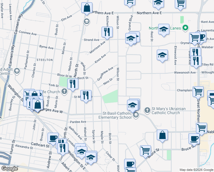 map of restaurants, bars, coffee shops, grocery stores, and more near 30 Cody Point Court in Sault Ste. Marie