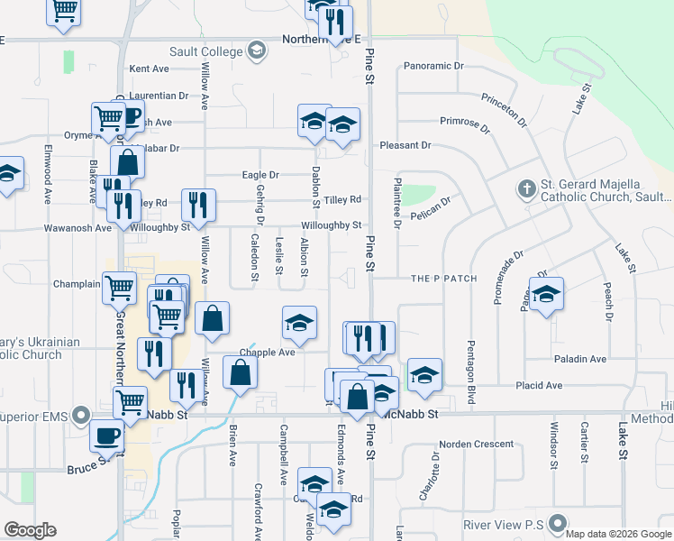 map of restaurants, bars, coffee shops, grocery stores, and more near 142 Allard Street in Sault Ste. Marie