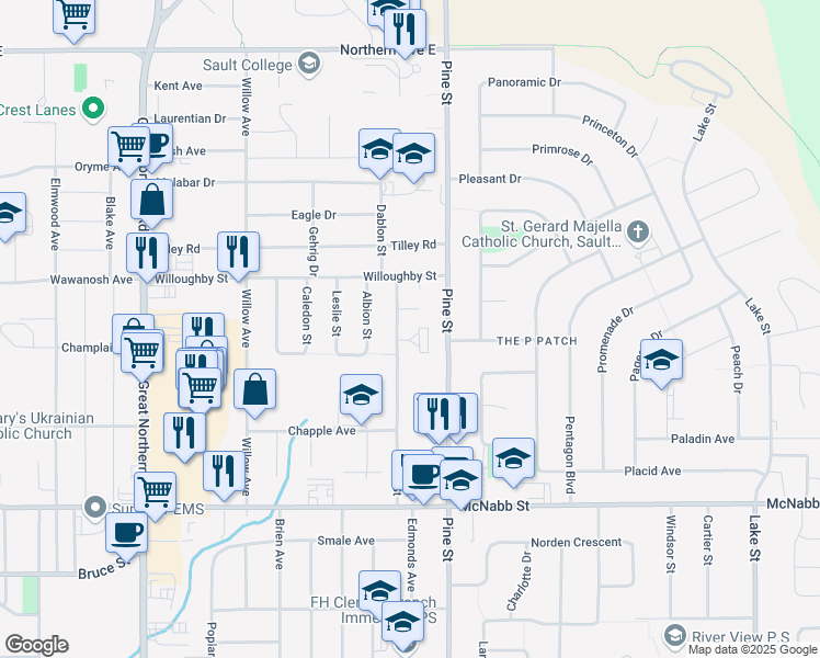 map of restaurants, bars, coffee shops, grocery stores, and more near 9 Blue Jay Court in Sault Ste. Marie