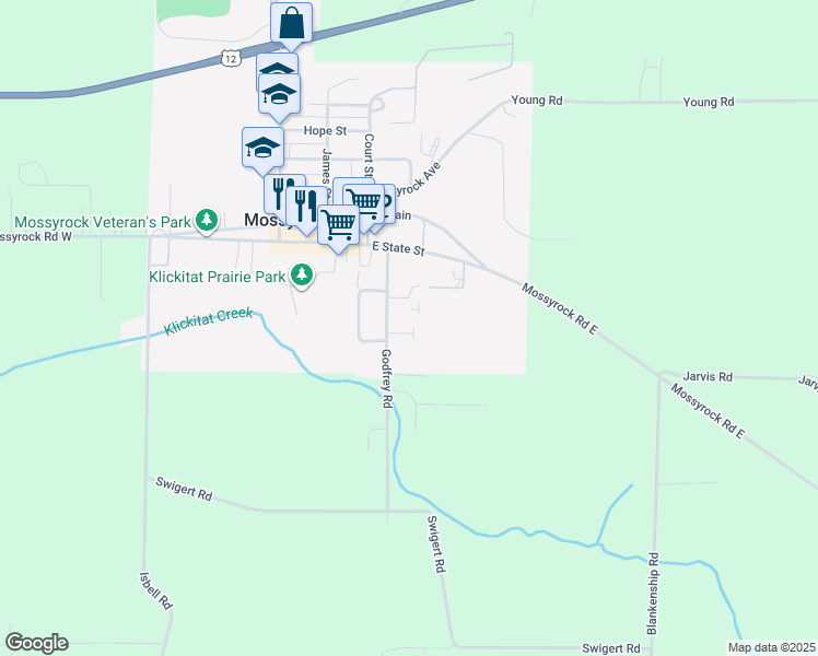 map of restaurants, bars, coffee shops, grocery stores, and more near 67 Godfrey Road in Mossyrock