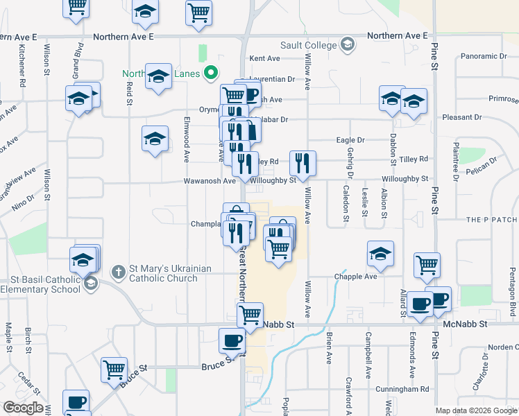 map of restaurants, bars, coffee shops, grocery stores, and more near 78 Great Northern Road in Sault Ste. Marie