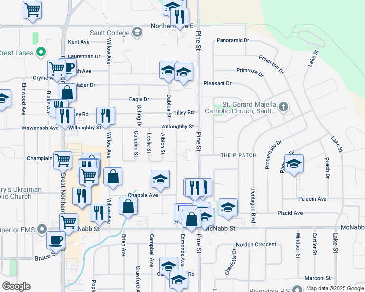 map of restaurants, bars, coffee shops, grocery stores, and more near 9 Blue Jay Court in Sault Ste. Marie