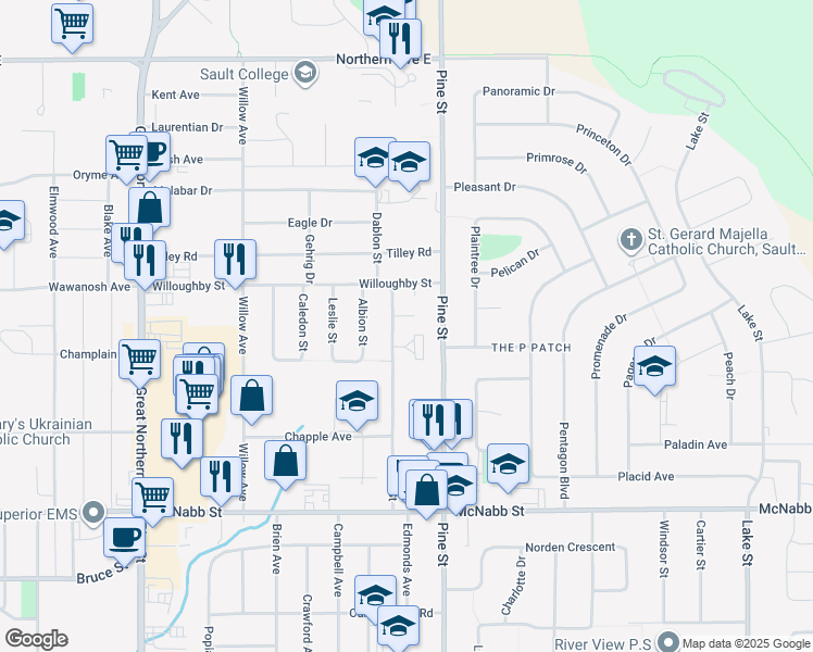 map of restaurants, bars, coffee shops, grocery stores, and more near 9 Blue Jay Court in Sault Ste. Marie