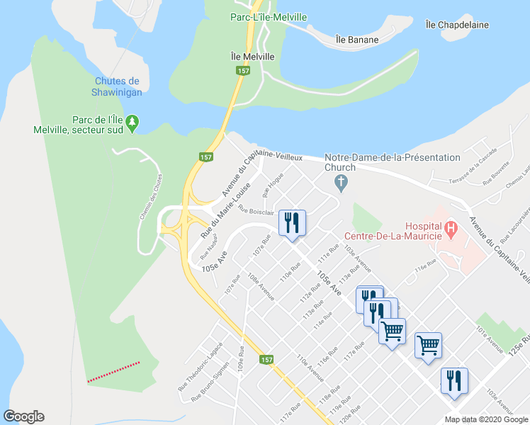 map of restaurants, bars, coffee shops, grocery stores, and more near 105e Rue in Shawinigan