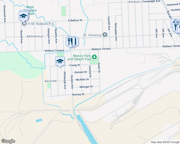 map of restaurants, bars, coffee shops, grocery stores, and more near Central Street in Sault Ste. Marie