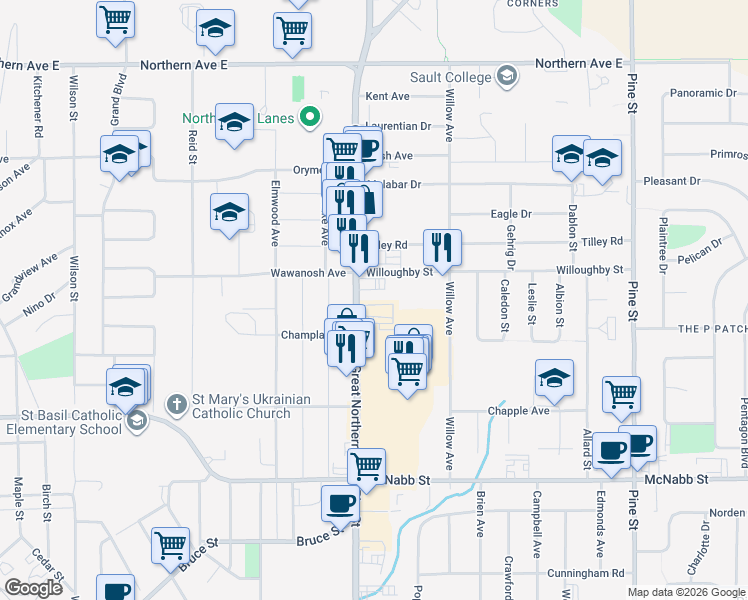 map of restaurants, bars, coffee shops, grocery stores, and more near 78 Great Northern Road in Sault Ste. Marie