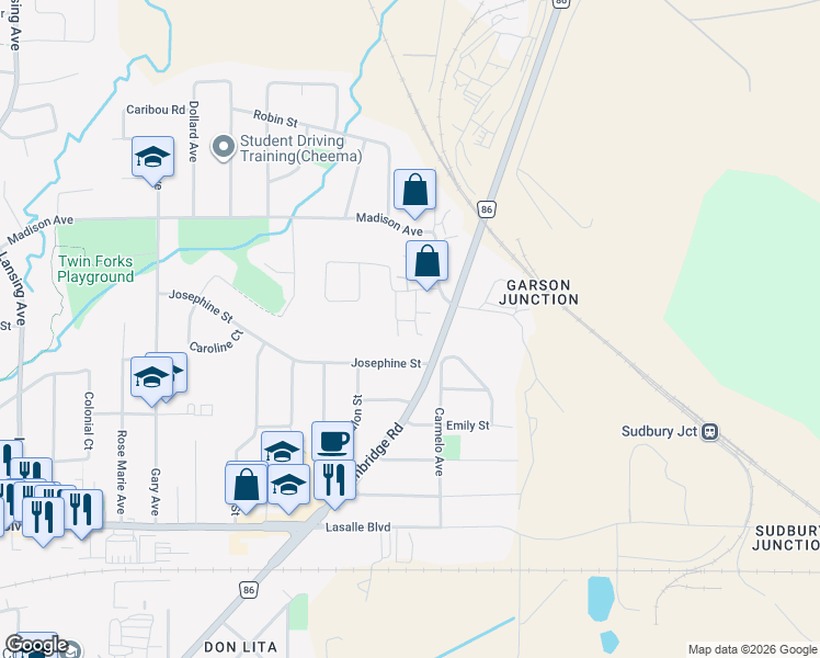 map of restaurants, bars, coffee shops, grocery stores, and more near 2365 Grenoble Street in Greater Sudbury