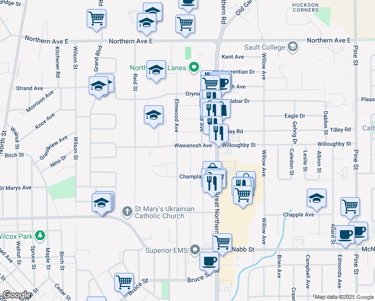 map of restaurants, bars, coffee shops, grocery stores, and more near 83 Cameron Avenue in Sault Ste. Marie