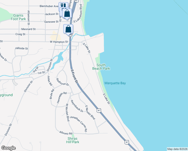 map of restaurants, bars, coffee shops, grocery stores, and more near 6-22 Marquette Drive in Marquette
