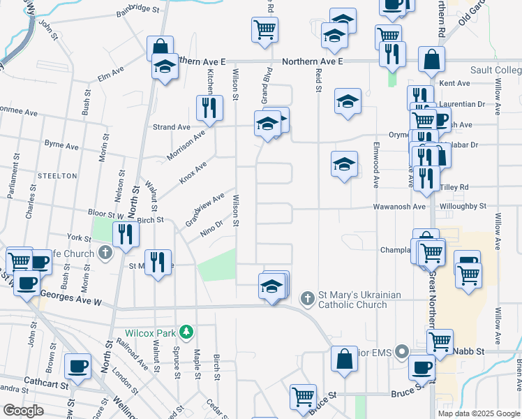 map of restaurants, bars, coffee shops, grocery stores, and more near 120 Grand Boulevard in Sault Ste. Marie