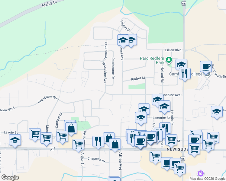 map of restaurants, bars, coffee shops, grocery stores, and more near 1112 Woodbine Avenue in Sudbury