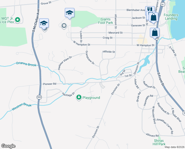 map of restaurants, bars, coffee shops, grocery stores, and more near 800 Orianna Drive in Marquette