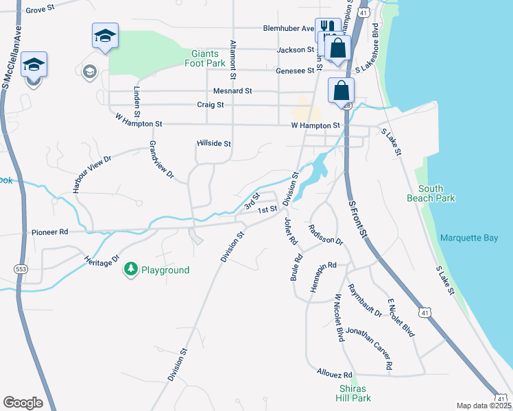 map of restaurants, bars, coffee shops, grocery stores, and more near 500 Pioneer Road in Marquette