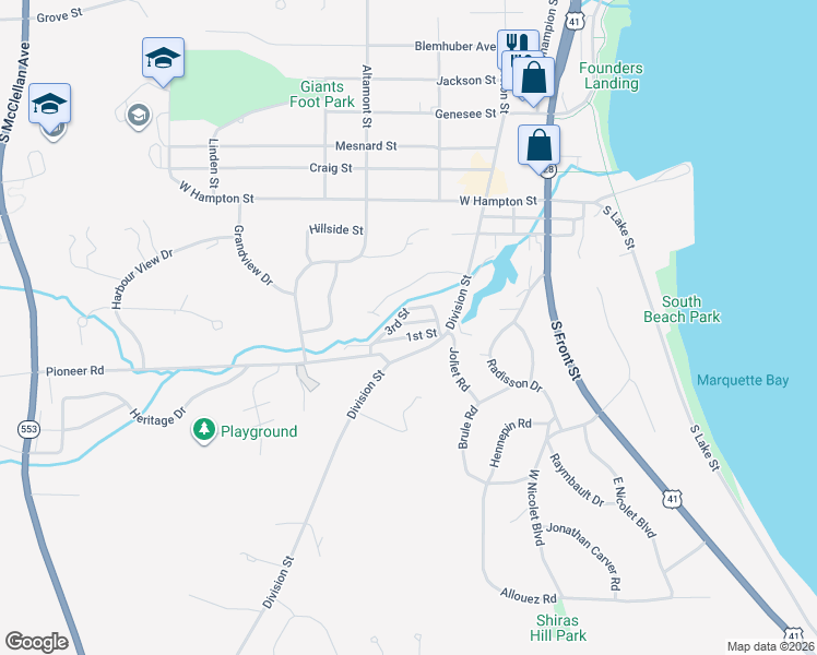 map of restaurants, bars, coffee shops, grocery stores, and more near 500 Pioneer Road in Marquette
