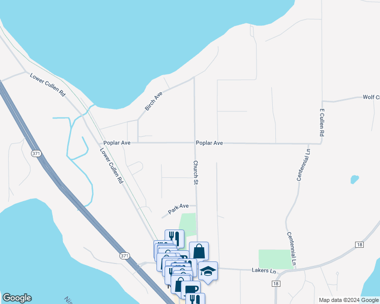 map of restaurants, bars, coffee shops, grocery stores, and more near 25953 Church Street in Nisswa
