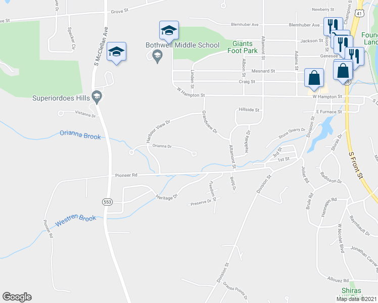map of restaurants, bars, coffee shops, grocery stores, and more near 800 Orianna Drive in Marquette