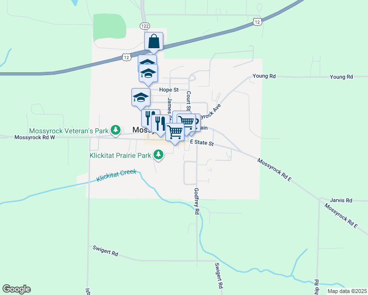 map of restaurants, bars, coffee shops, grocery stores, and more near 231 East State Street in Mossyrock